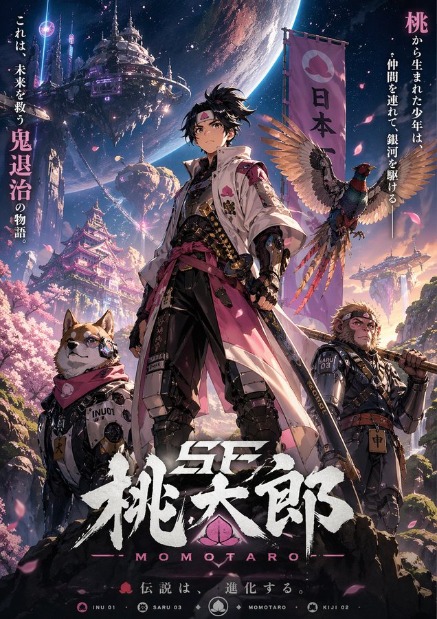 赛博科幻桃太郎主视觉图 / Cyberpunk Sci Fi Momotaro Key Visual，角色设计，插画、角色、品牌，案例输出图 1