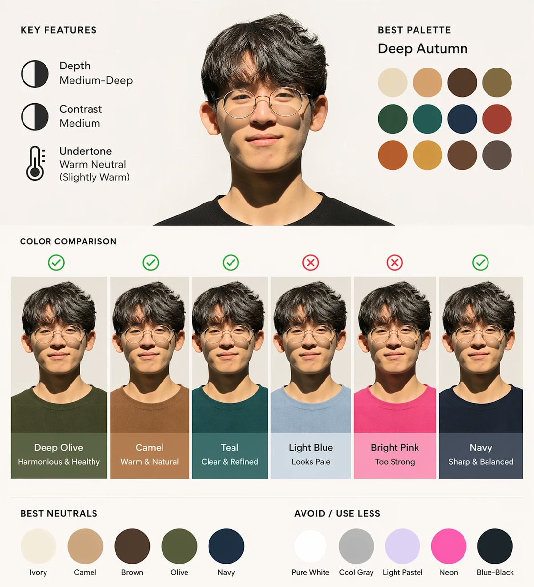 极简文字的个人色彩诊断图 / Minimal Text Personal Color Chart，模型对比与社区，人像、极简、信息图，案例输出图 1