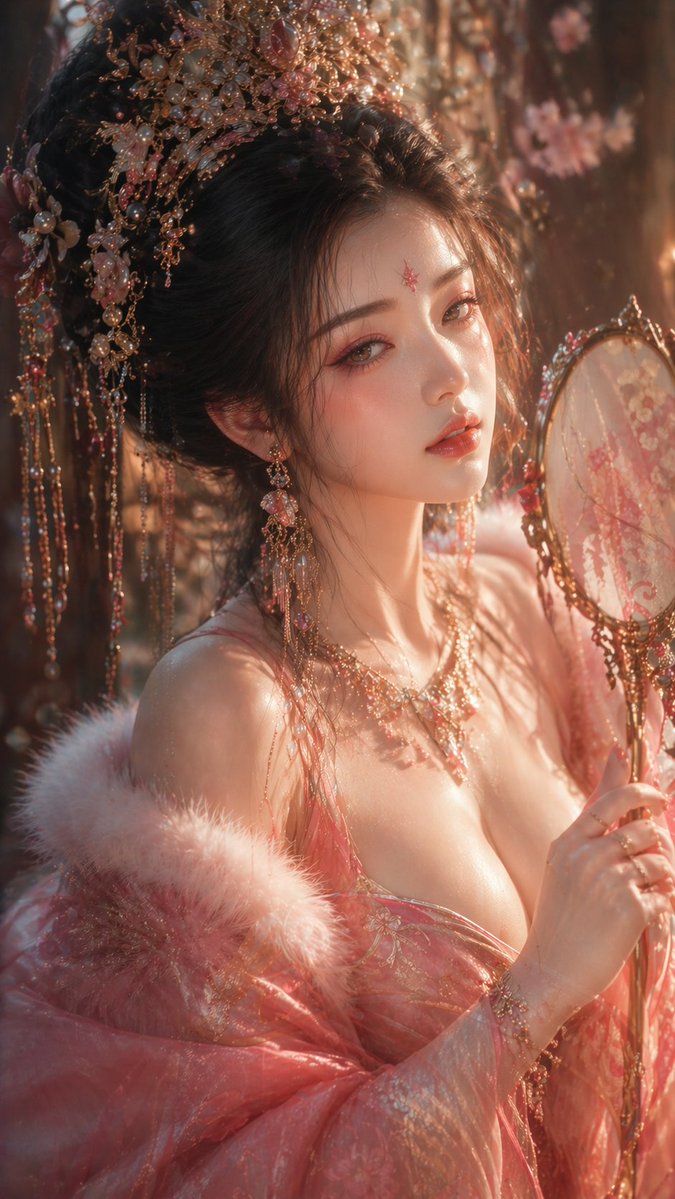 绝美唐风凤冠佳人的微醺特写 / Stunning Tang Phoenix Beauty Close Up，角色设计，35mm、人像、电影感，案例输出图 1