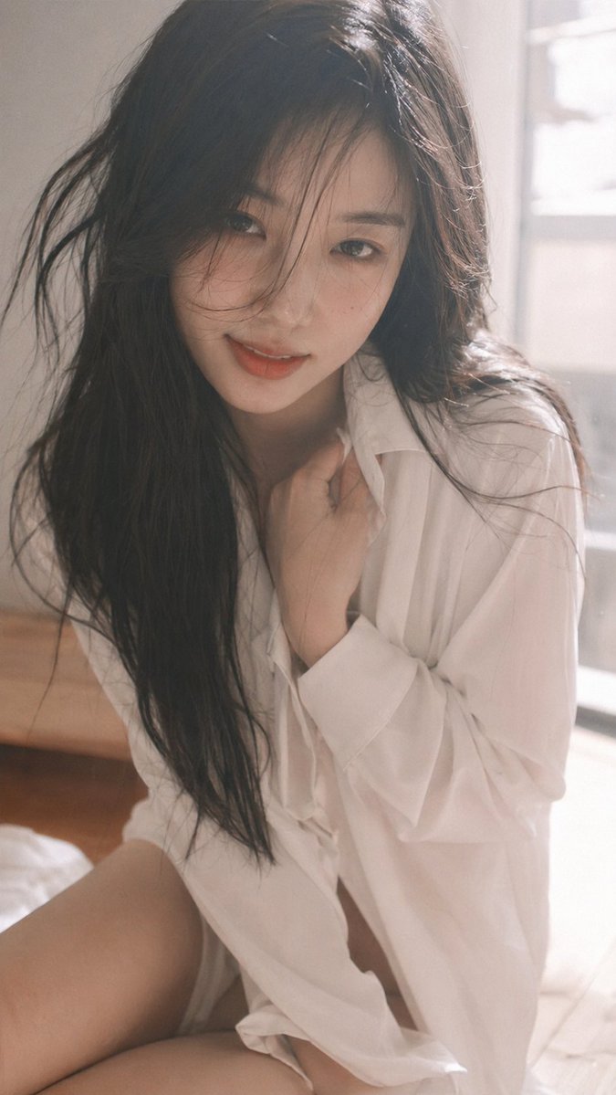 韩系女友私密白衬衫特写 / Korean Girlfriend Shirt Closeup，人像与摄影，35mm、人像、电影感，案例输出图 1