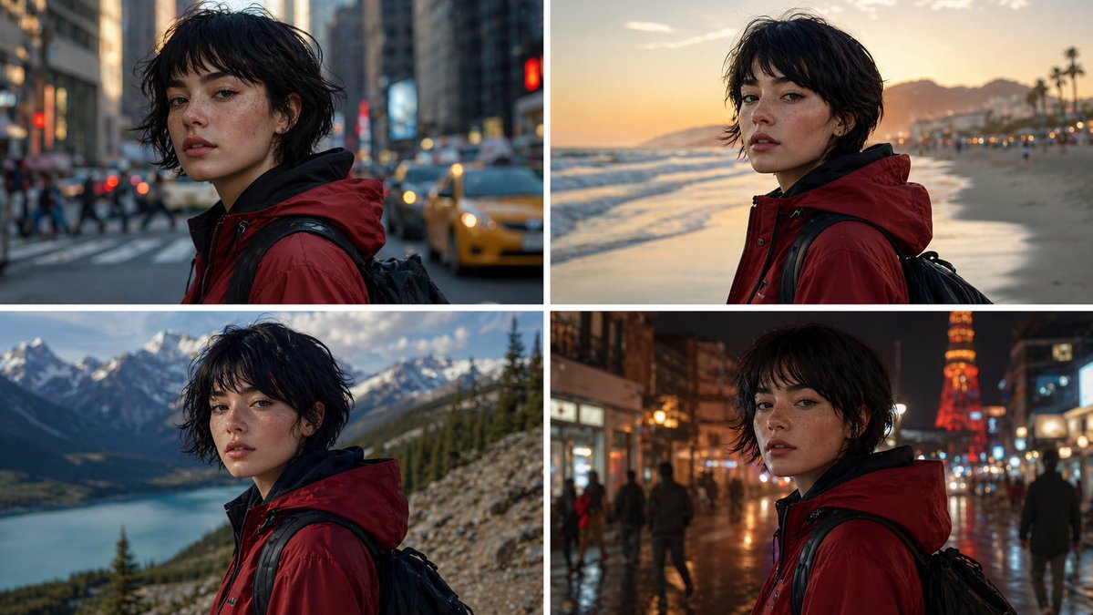 红夹克少女的四重场景穿梭 / Red Jacket Girl Four Scenes，人像与摄影，人像、电影感、城市视觉，案例输出图 1