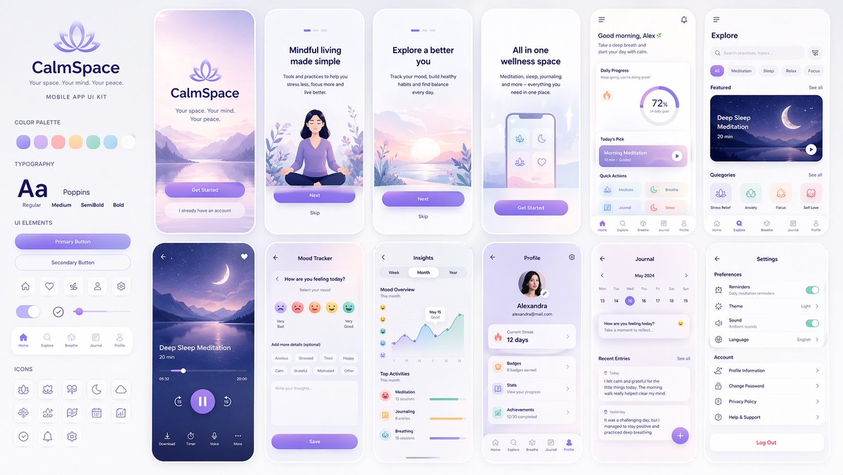 疗愈系心理健康应用界面套件 / Healing Mental Wellness App Ui，UI 与社交媒体截图，UI、截图、排版，案例输出图 1