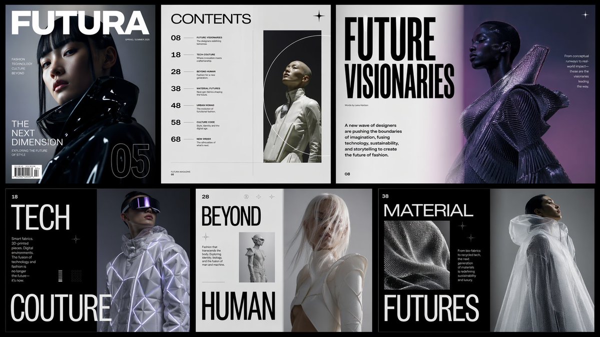 未来主义时尚杂志跨页设计 / Futuristic Fashion Magazine Spread，模型对比与社区，时尚、排版、对比实验，案例输出图 1