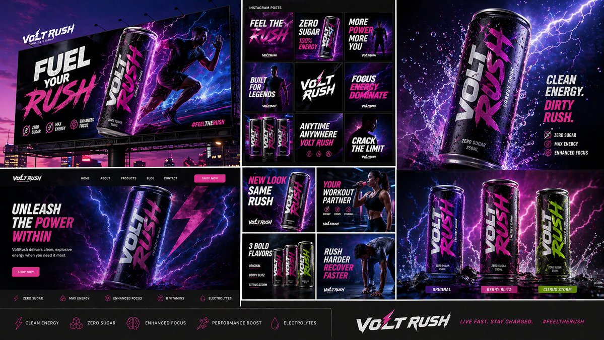 VoltRush能量饮料全套营销视觉 / Voltrush Energy Drink Campaign，海报与插画，霓虹、海报、插画，案例输出图 1