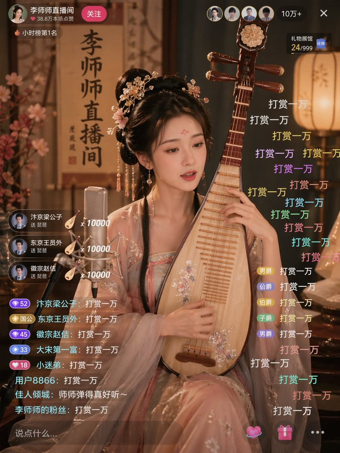 李师师古风琵琶弹唱直播间 / Li Shishi Ancient Pipa Livestream，UI 与社交媒体截图，UI、截图、UI 与社交媒体截图，案例输出图 1