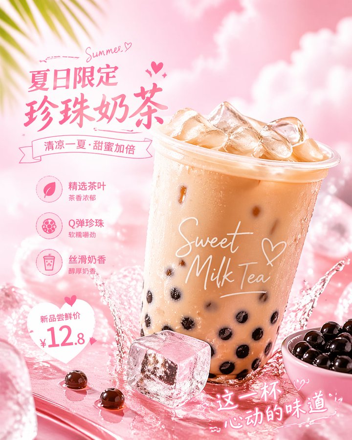 粉色少女风珍珠奶茶特写广告 / Pink Girly Bubble Tea Ad，海报与插画，海报、插画、海报与插画，案例输出图 1