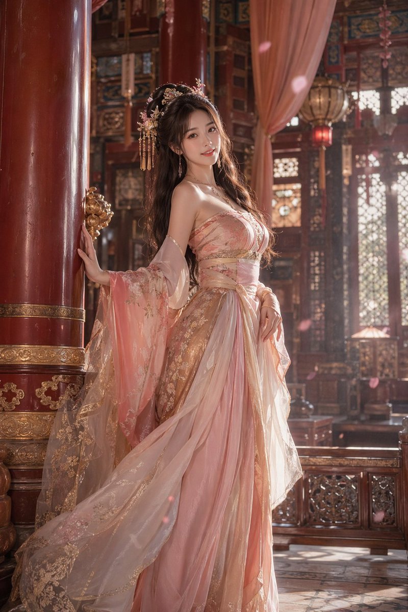 唐风汉服佳人宫殿绝美摄影 / Tang Hanfu Beauty Palace，角色设计，35mm、人像、电影感，案例输出图 1