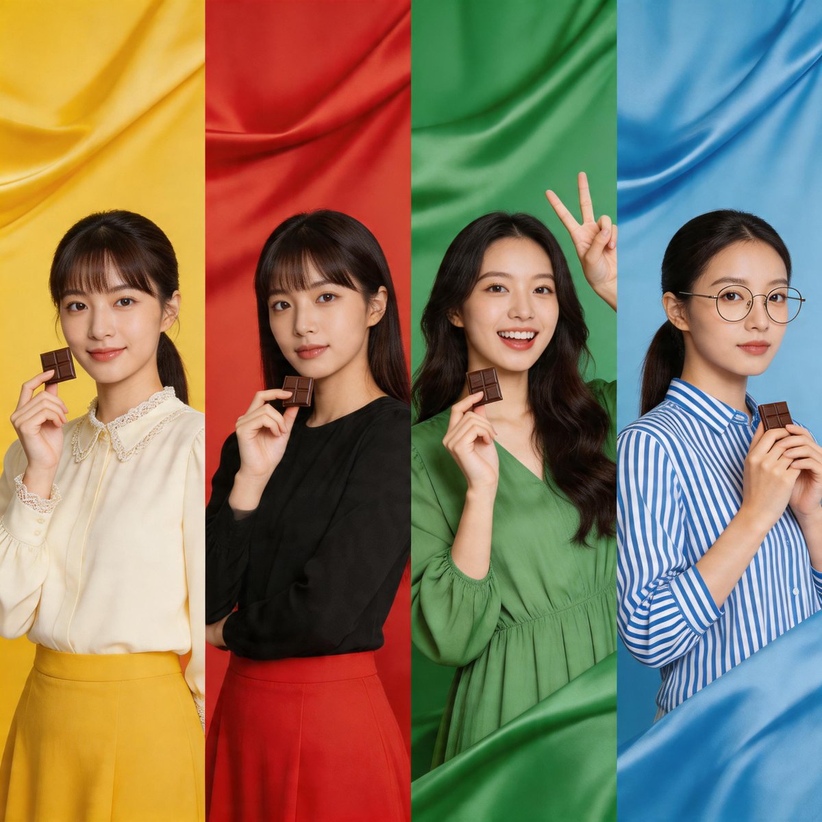 四色拼图亚洲女孩巧克力广告 / Four Color Asian Girl Chocolate Ad，人像与摄影，人像、时尚、产品图，案例输出图 1