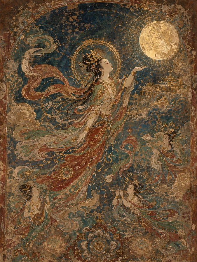 敦煌神女残金壁画 / Dunhuang Goddess Gold Mural，角色设计，插画、截图、角色，案例输出图 1