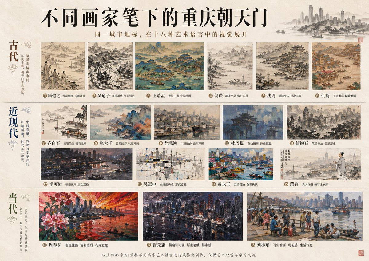 十八名家丹青绘山城朝天门 / Eighteen Masters Paint Chaotianmen，模型对比与社区，海报、角色、城市视觉，案例输出图 1