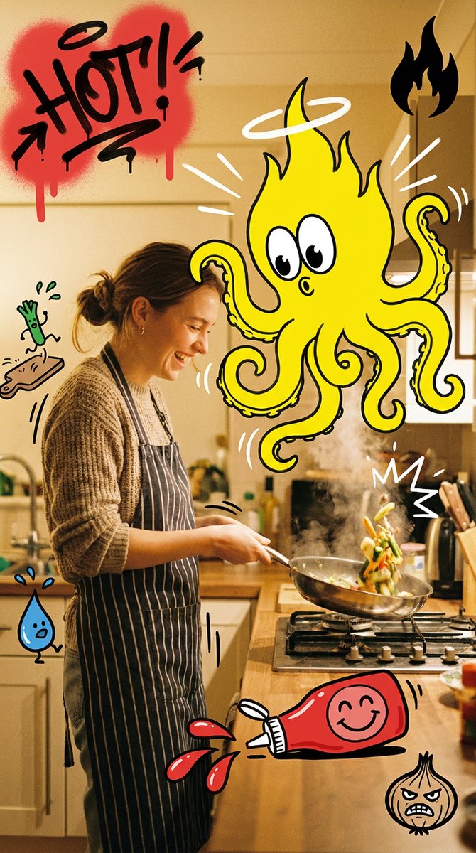 热辣涂鸦厨房里的火焰章鱼 / Hot Graffiti Kitchen Octopus，角色设计，35mm、海报、插画，案例输出图 1