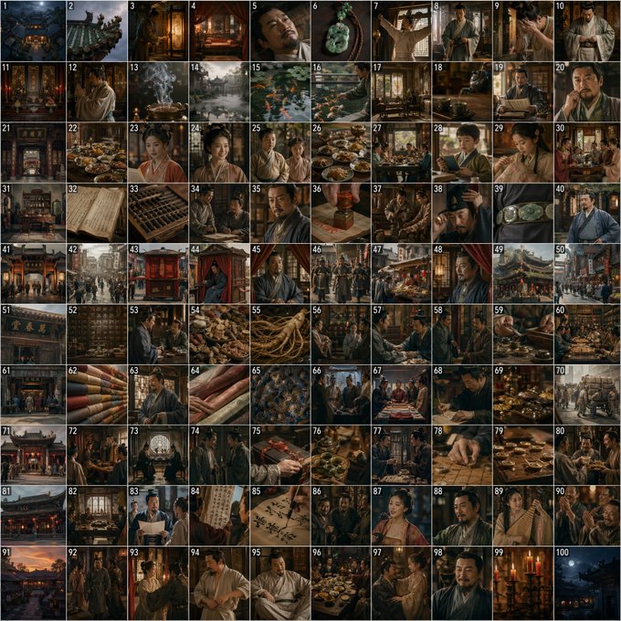 西门庆的一天百宫格分镜 / Ximen Qing Daily 100 Grids，UI 与社交媒体截图，电影感、插画、UI，案例输出图 1