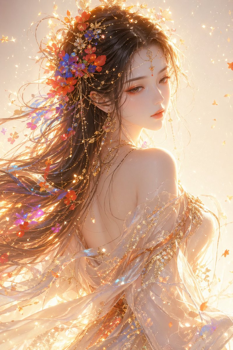 东方幻想空灵女神回眸 / Oriental Fantasy Ethereal Goddess，人像与摄影，人像、电影感、插画，案例输出图 1