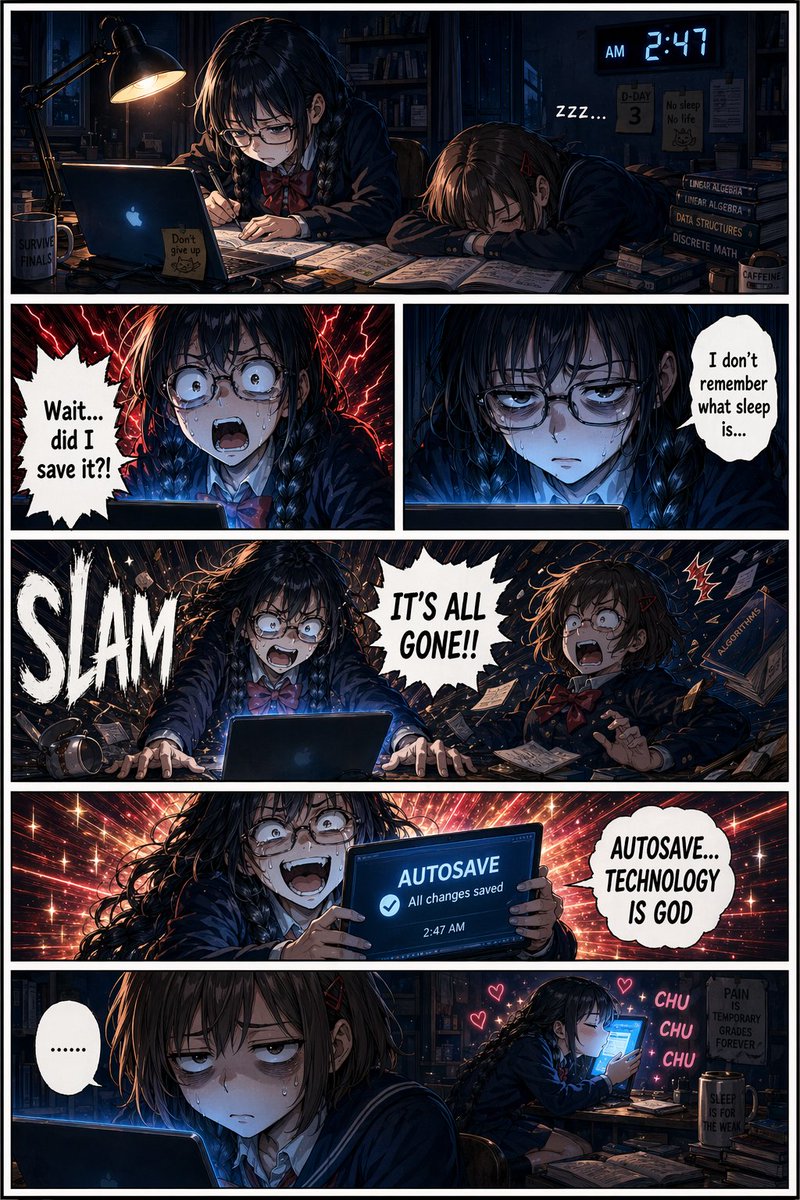 深夜赶稿崩溃与自动保存救赎 / Late Night Study Panic，角色设计，人像、电影感、角色，案例输出图 1