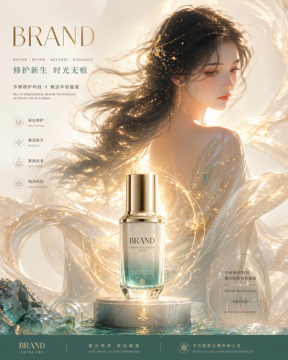 极简东方美学护肤广告大片 / Minimalist Oriental Skincare Ad，角色设计，海报、角色、极简，案例输出图 1