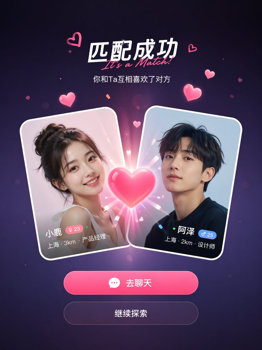 社交软件匹配成功爱心特效UI界面 / Social App Match Success，UI 与社交媒体截图，UI、截图、UI 与社交媒体截图，案例输出图 1