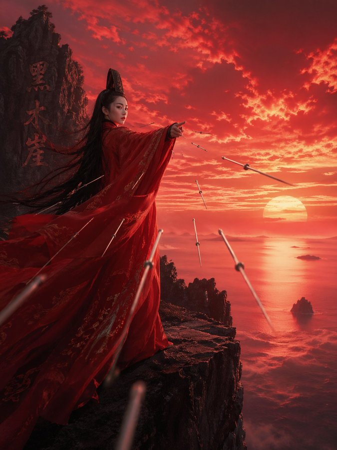 黑木崖红衣飞针傲立悬崖 / Heimu Ya Red Flying Needle Cliff，角色设计，角色、角色设计，案例输出图 1