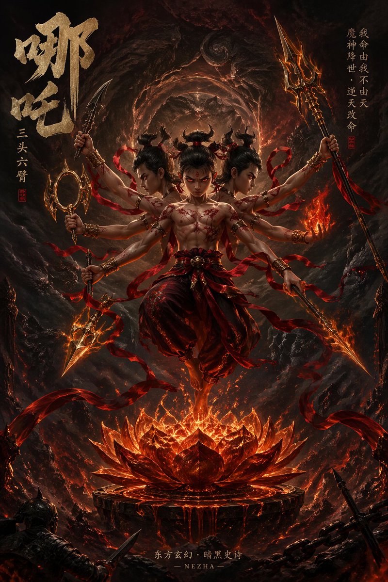 暗黑史诗风哪吒悬浮虚空图 / Dark Epic Nezha Void，海报与插画，海报、插画、海报与插画，案例输出图 1