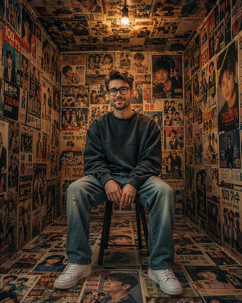 复古韩风海报密室人像 / Retro Korean Poster Room Portrait，人像与摄影，35mm、人像、电影感，案例输出图 1