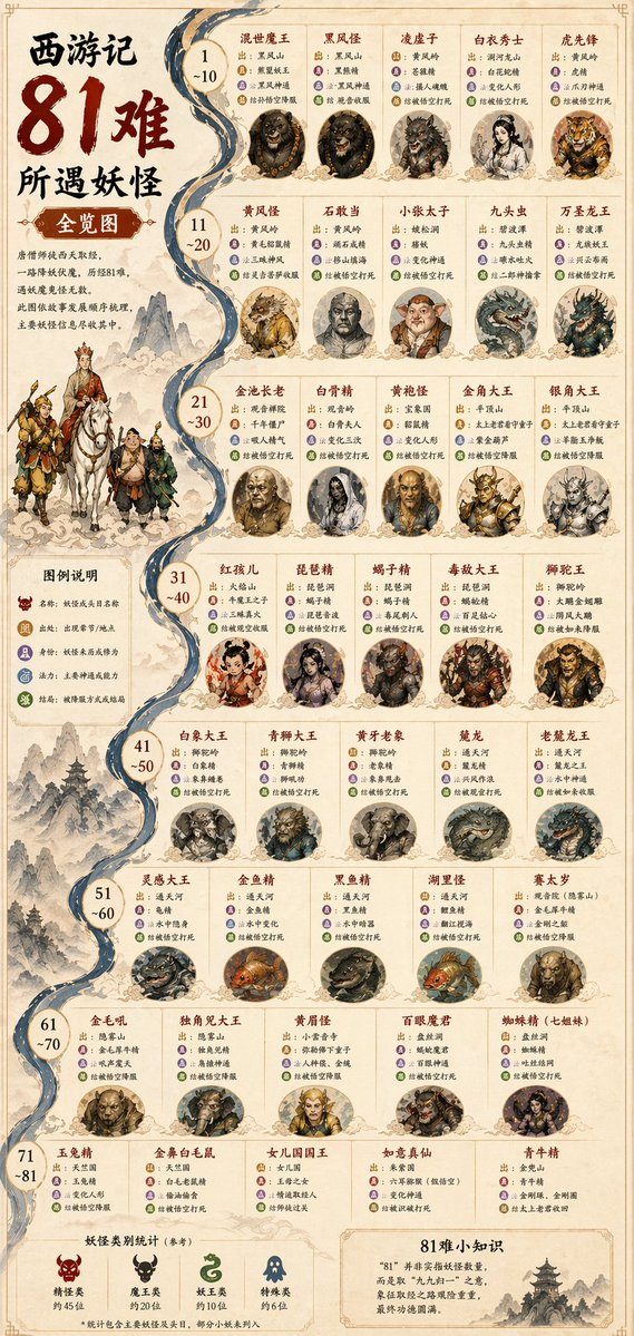 西游八十一难妖怪图鉴 / Journey To The West Monsters Infographic，海报与插画，海报、插画、信息图，案例输出图 1