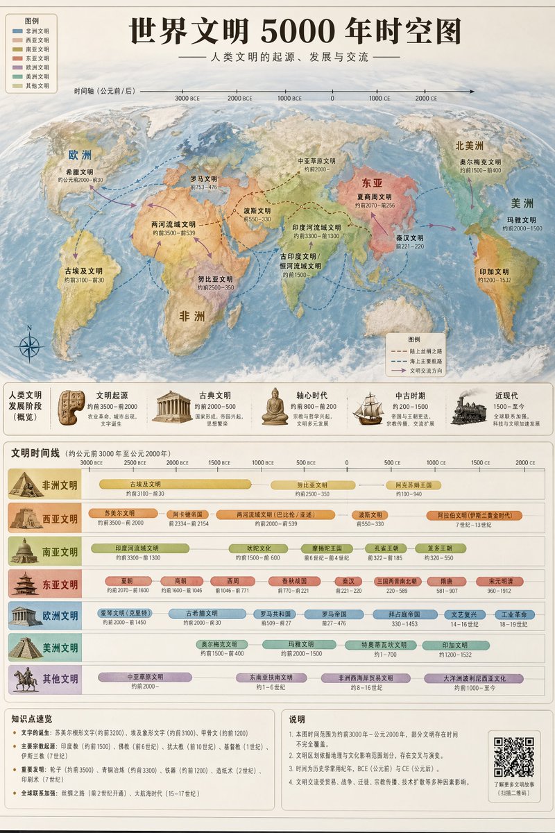 五千年世界文明时空图谱 / 5000 Year World Civilization Map，海报与插画，海报、插画、城市视觉，案例输出图 1