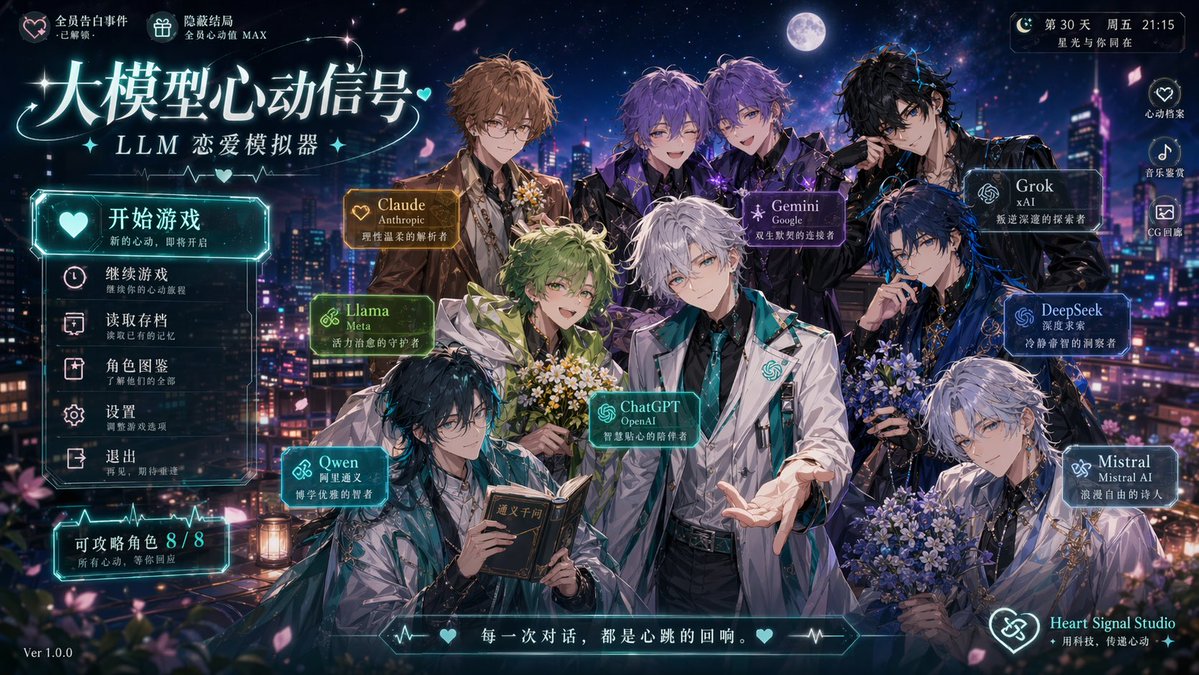 各家大模型化身恋人游戏截图 / Llm Models Lover Game Screenshot，UI 与社交媒体截图，UI、截图、UI 与社交媒体截图，案例输出图 1