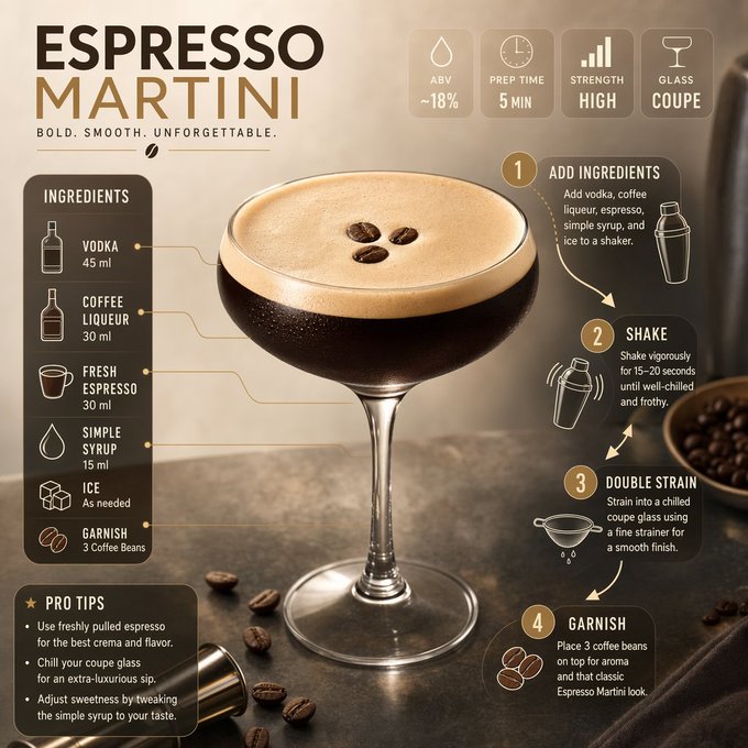 浓缩咖啡马提尼配方信息图 / Espresso Martini Recipe，人像与摄影，人像、时尚、极简，案例输出图 1