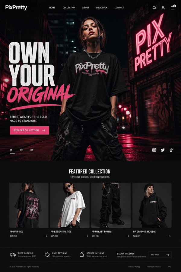 霓虹夜色街头潮牌网页设计 / Neon Night Streetwear Design，UI 与社交媒体截图，霓虹、电影感、时尚，案例输出图 1