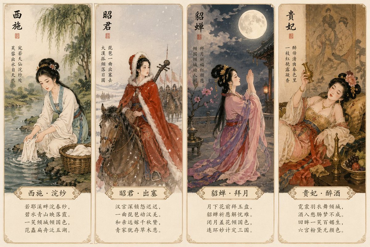 四大美女古典明信片 / Four Beauties Classical Postcards，海报与插画，海报、插画、海报与插画，案例输出图 1