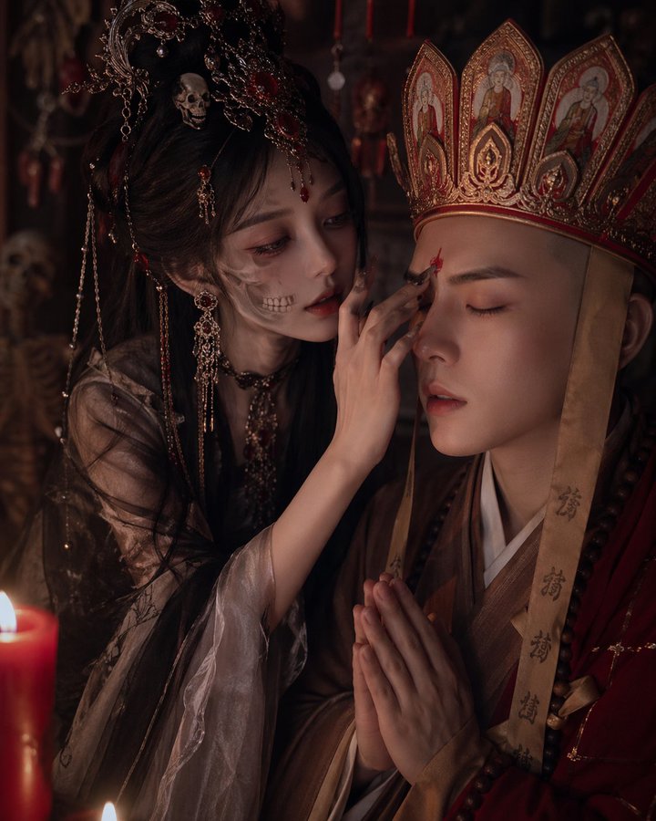 鼻尖相触的白骨精与唐僧 / Nose Touching Between Demon And Monk，海报与插画，海报、插画、海报与插画，案例输出图 1