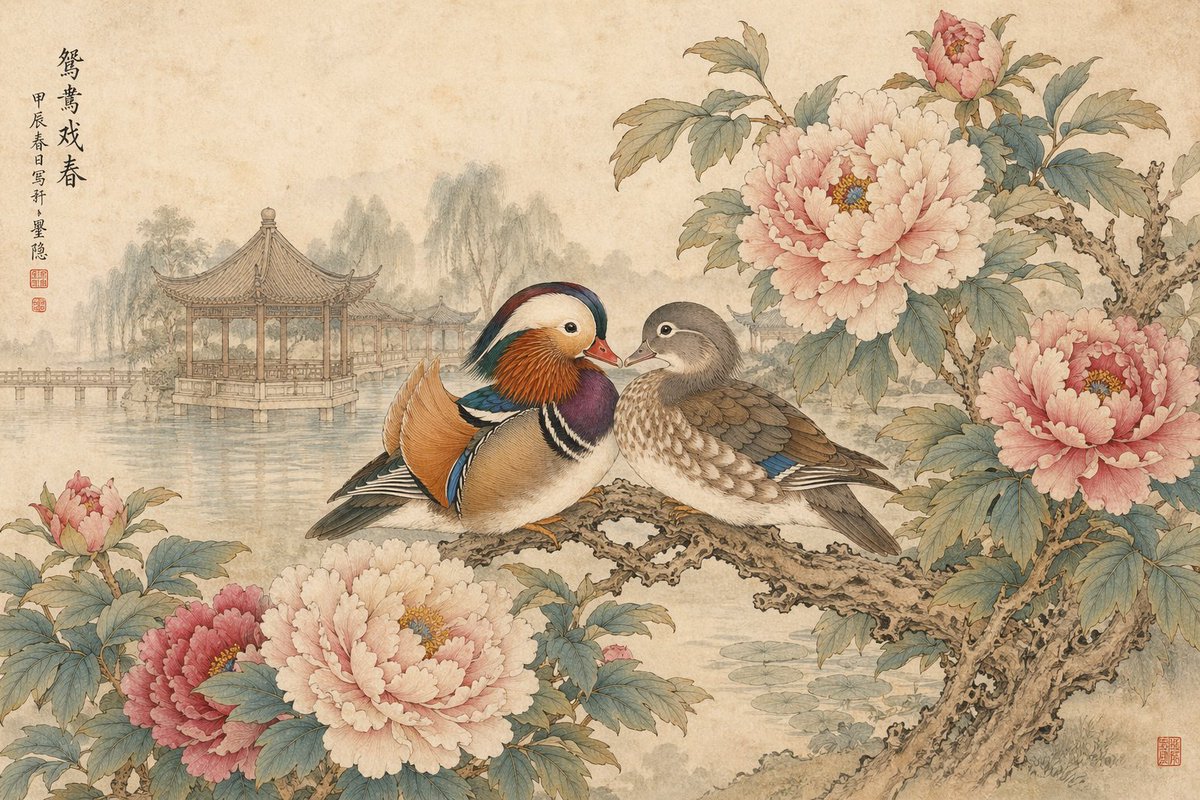 工笔重彩牡丹鸳鸯图 / Gongbi Peonies Mandarin Ducks，海报与插画，海报、插画、海报与插画，案例输出图 1