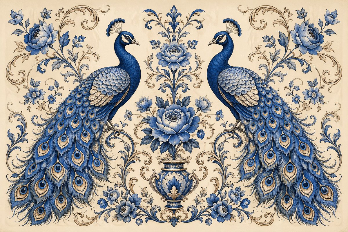 优雅蓝孔雀对称花卉装饰图 / Elegant Blue Peacock Symmetry，海报与插画，海报、插画、海报与插画，案例输出图 1