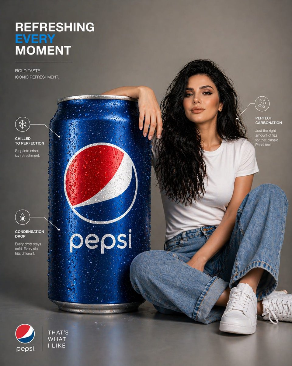巨型百事可乐与少女信息图 / Giant Pepsi Girl Infographic，UI 与社交媒体截图，UI、截图、极简，案例输出图 1
