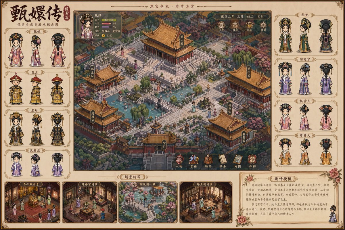 甄嬛传像素养成游戏概念图 / Empresses In Palace Game Concept，角色设计，人像、角色、角色设计，案例输出图 1