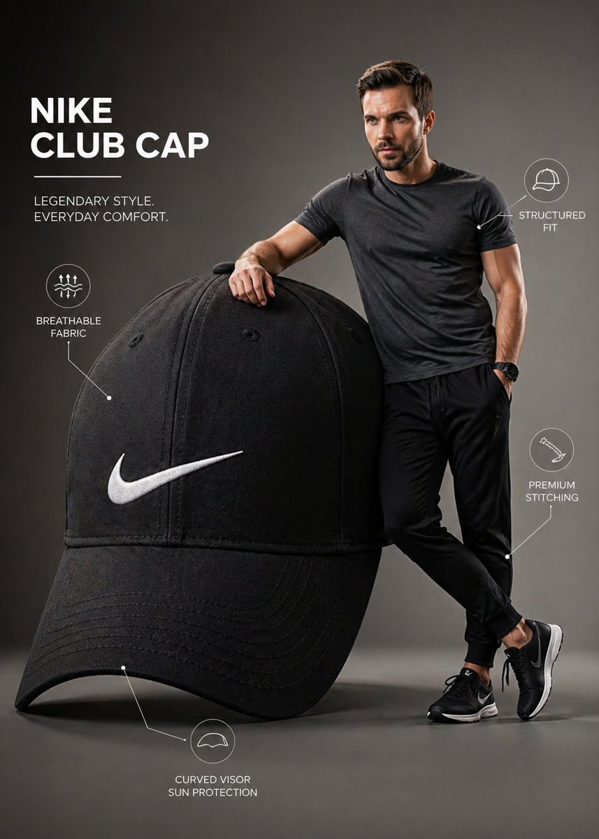 超现实耐克帽商业信息图 / Surreal Nike Cap Infographic，UI 与社交媒体截图，时尚、UI、截图，案例输出图 1