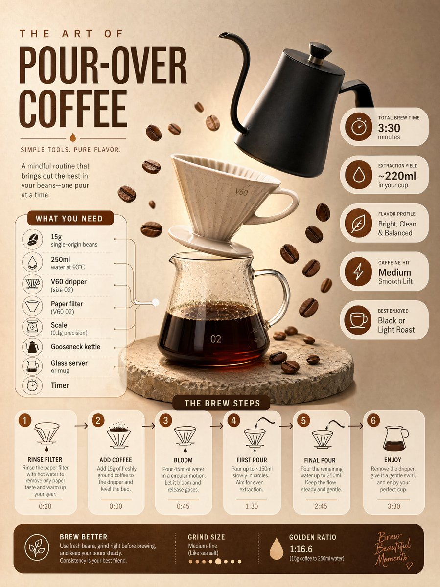 现代手冲咖啡信息图 / Modern Pour Over Infographic，UI 与社交媒体截图，时尚、UI、截图，案例输出图 1