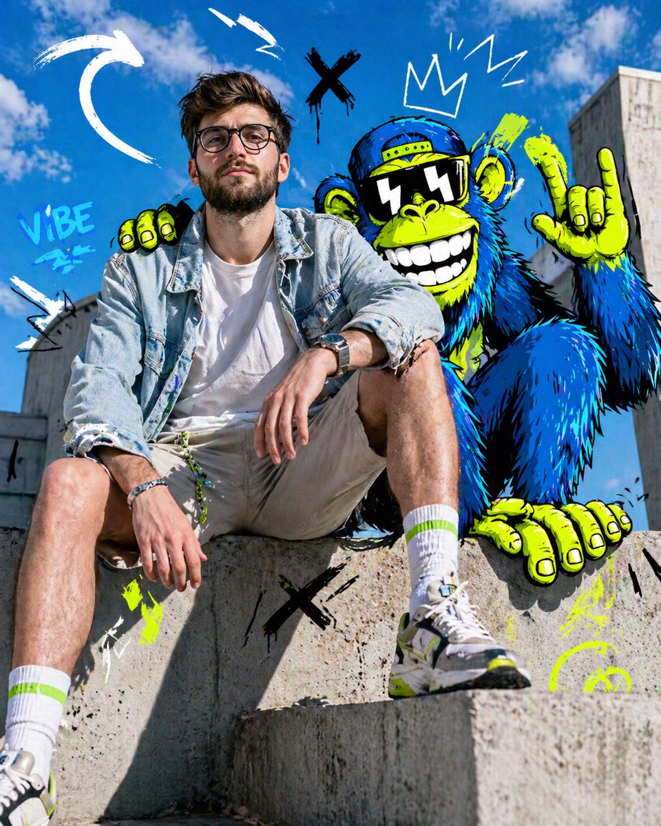 潮酷模特与霓虹卡通动物同框 / Cool Model Neon Cartoon Animal，角色设计，霓虹、时尚、插画，案例输出图 1