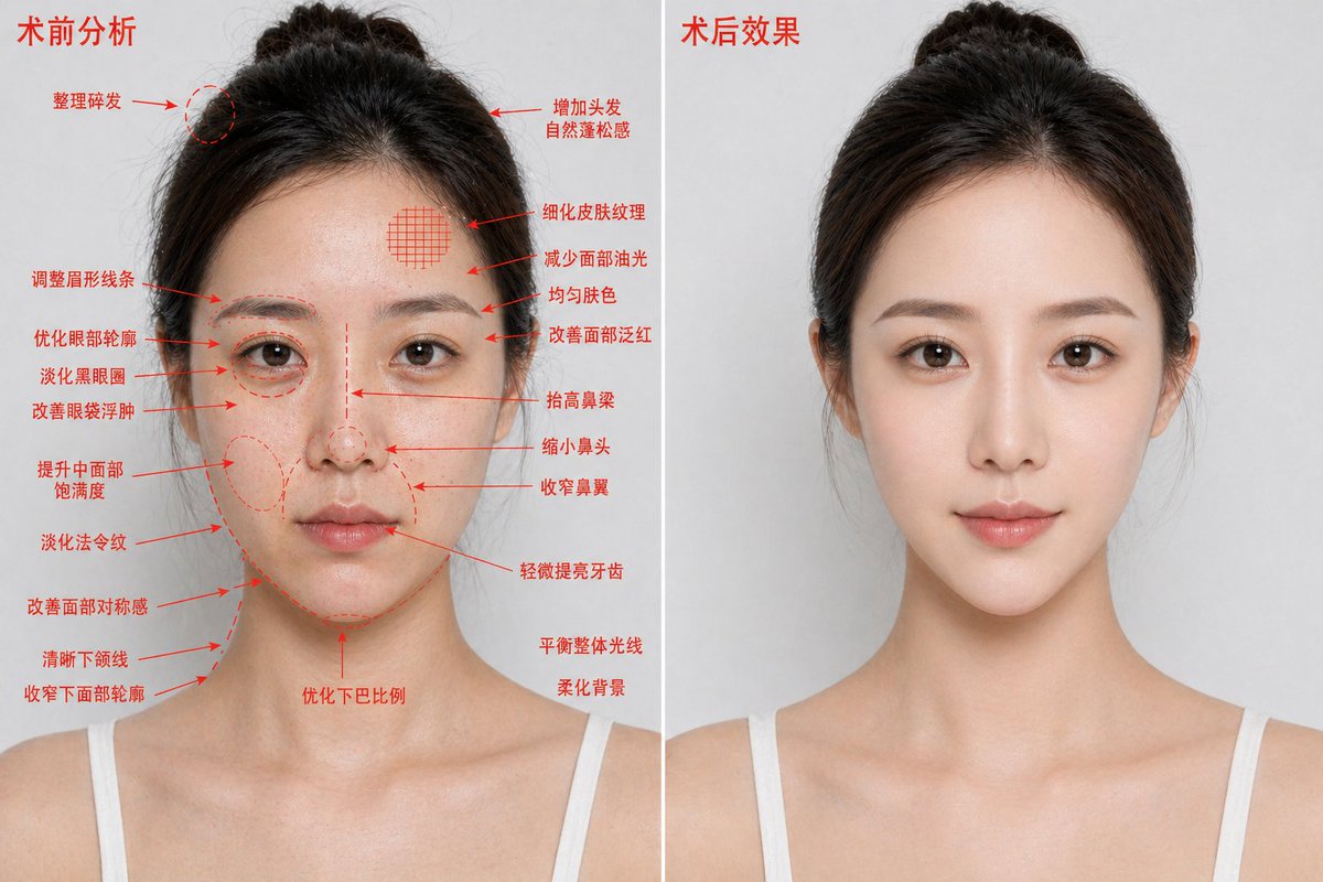 医美前后对比蓝图 / Medical Aesthetics Before After Blueprint，模型对比与社区，人像、插画、排版，案例输出图 1