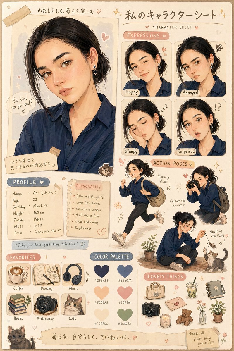 温暖日系角色设定图 / Warm Japanese Character Sheet，角色设计，人像、海报、插画，案例输出图 1