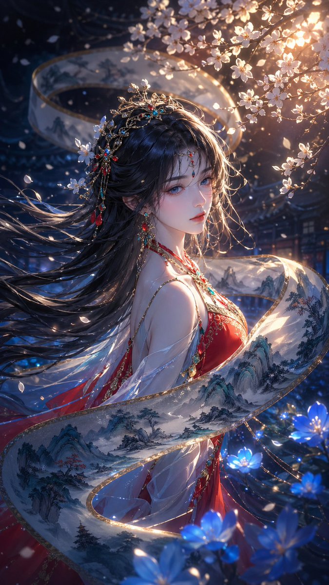 山水长卷环绕的国风少女 / Scroll Wrapped Chinese Girl，角色设计，人像、电影感、插画，案例输出图 1