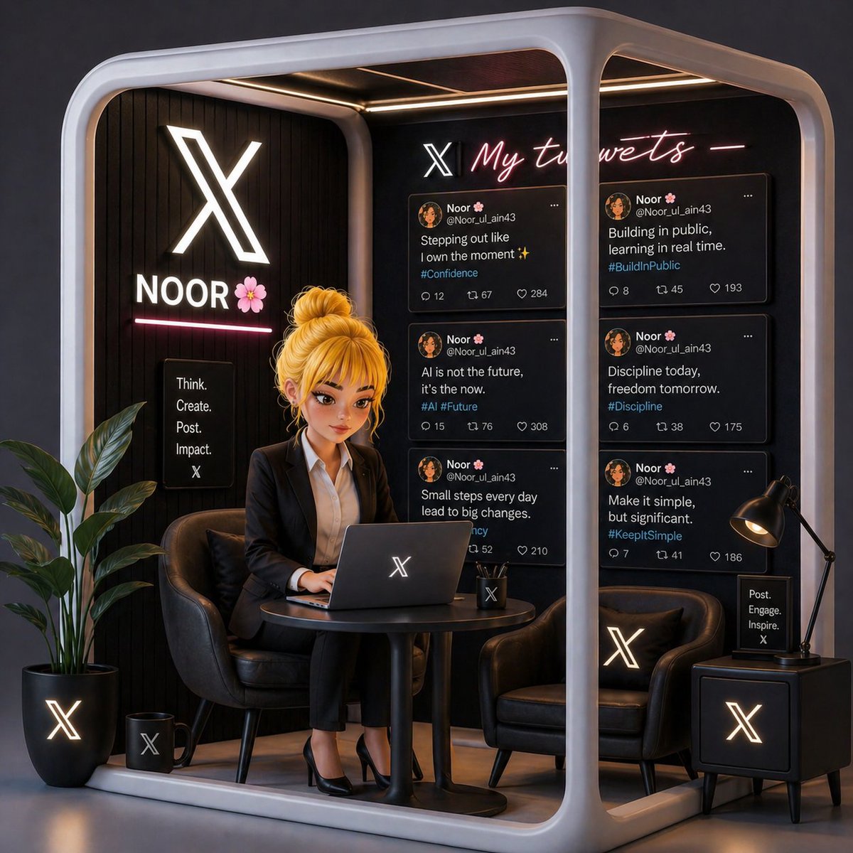 霓虹光影下的X品牌办公亭 / Neon X Brand Office Booth，UI 与社交媒体截图，霓虹、电影感、UI，案例输出图 1