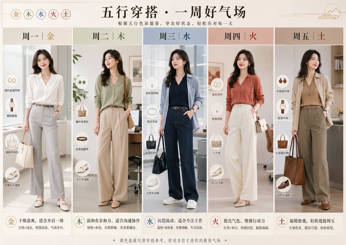 五行元素轻职场穿搭图 / Five Elements Casual Workwear，海报与插画，海报、插画、海报与插画，案例输出图 1