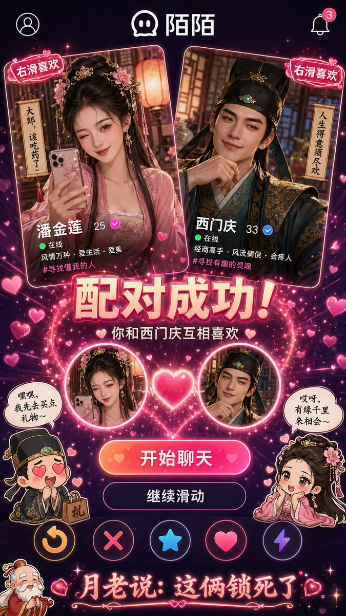 陌陌右滑匹配潘金莲西门庆 / Momo Swipe Right Match Pan Jinlian Ximen Qing，海报与插画，海报、插画、海报与插画，案例输出图 1