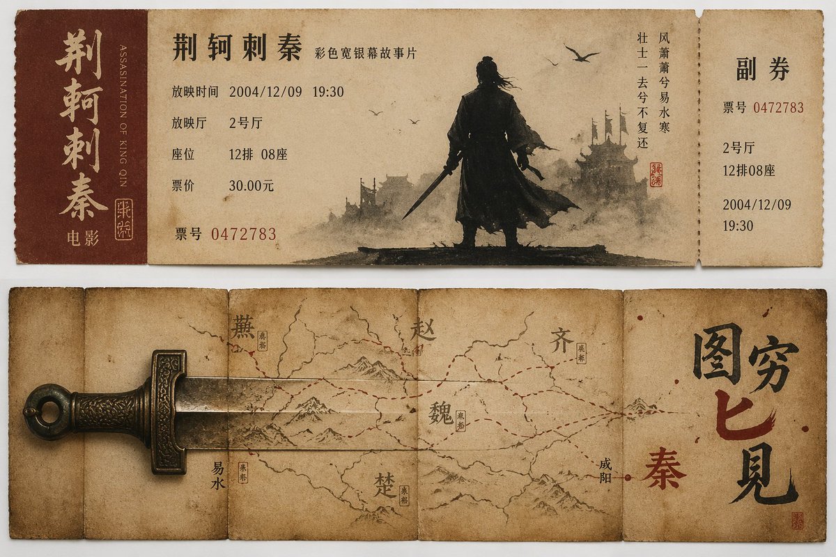 图穷匕见古风电影票根设计 / Ancient Dagger Reveal Ticket Stub，海报与插画，海报、插画、城市视觉，案例输出图 1