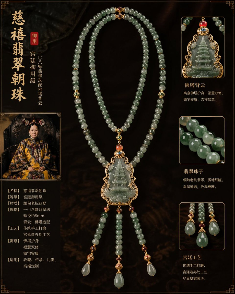 慈禧太后御用翡翠朝珠设计 / Cixi Imperial Jadeite Necklace，海报与插画，海报、插画、海报与插画，案例输出图 1