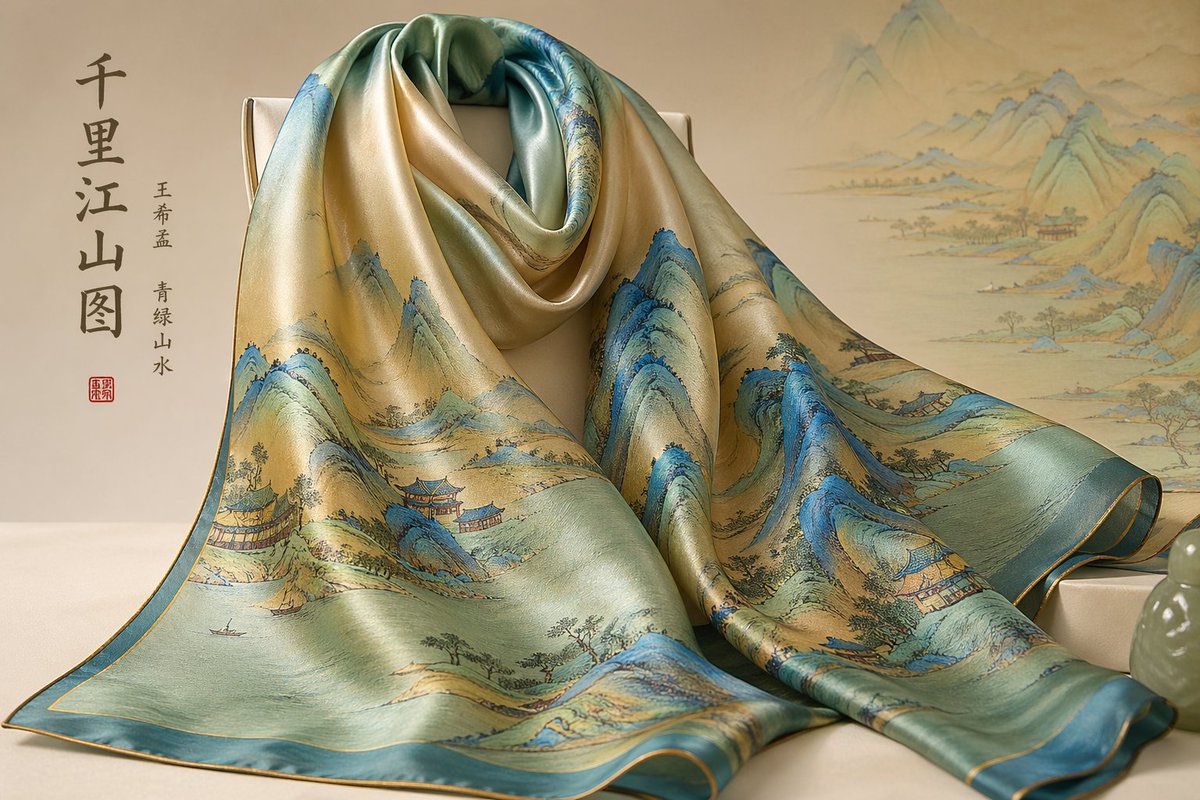 千里江山图青绿丝巾 / Thousand Li Rivers Silk Scarf，海报与插画，海报、插画、海报与插画，案例输出图 1