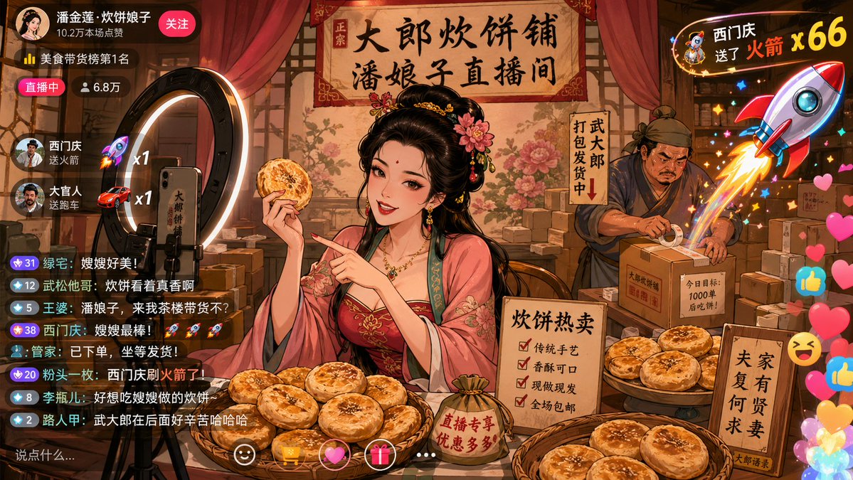 金莲直播卖炊饼奇景 / Pan Jinlian Livestream Buns，UI 与社交媒体截图，UI、截图、UI 与社交媒体截图，案例输出图 1