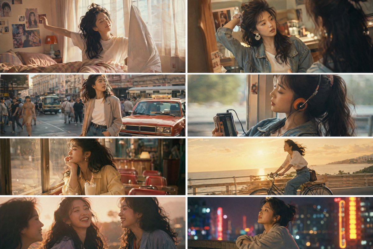 柔光八零年代中国女孩一日分镜 / Soft 80s Chinese Girl Storyboard，角色设计，35mm、霓虹、电影感，案例输出图 1