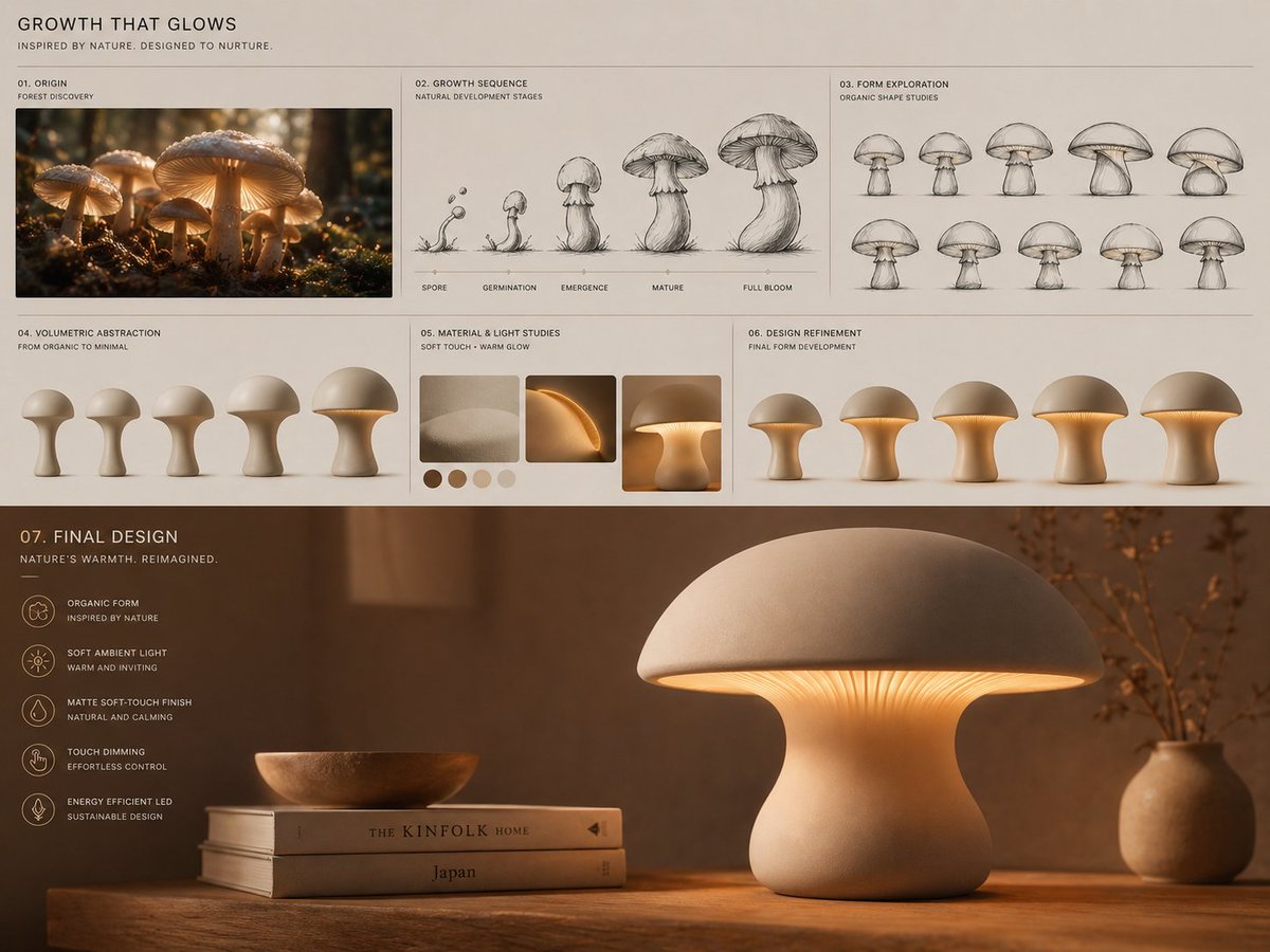 蘑菇生长概念台灯设计板 / Mushroom Lamp Design Board，人像与摄影，人像、排版、信息图，案例输出图 1