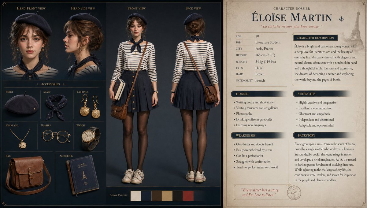 3D法国女学生角色设定图 / 3d French Student Character Sheet，角色设计，角色、城市视觉、角色设计，案例输出图 1